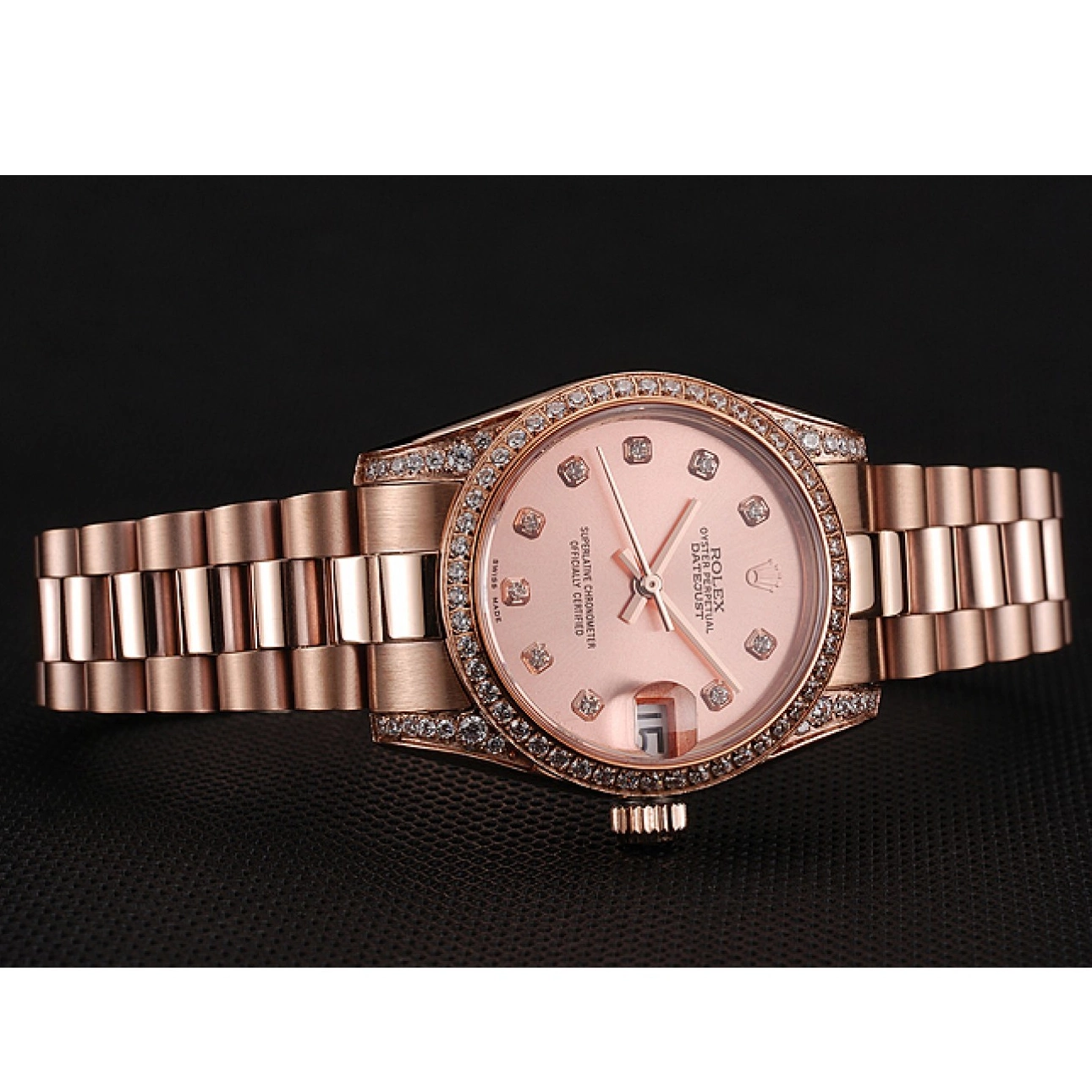 Best AAA Replica Sites DateJust Swiss Gold Dial Rolex Diamond Rose 1453977 Case Bracelet Rose Gold 0520